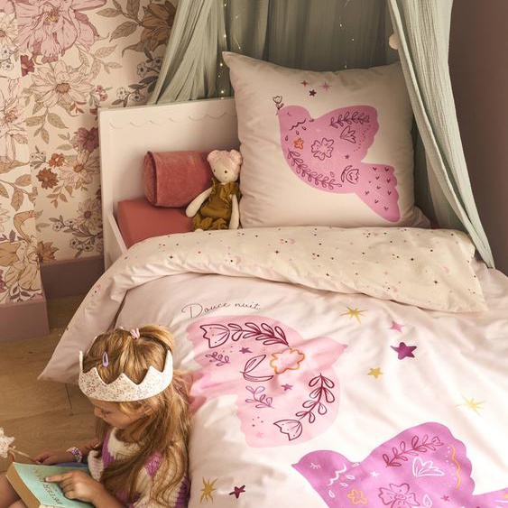 Parure housse de couette + taie doreiller enfant réversible BIRDY, avec coton recyclé rose poudré