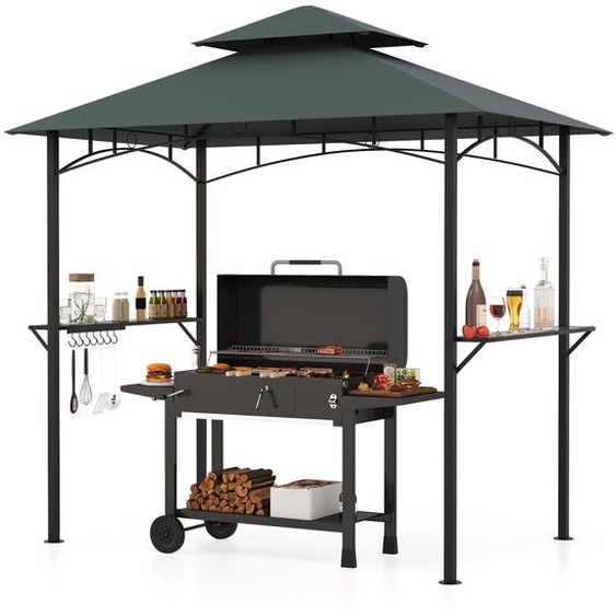 Pavillon barbecue COSTWAY résistant aux intempéries, abri barbecue avec double toit, étagères latérales et 7 crochets, abri barbecue pavillon avec structure métallique, 240 x 151 x 255 cm, gris