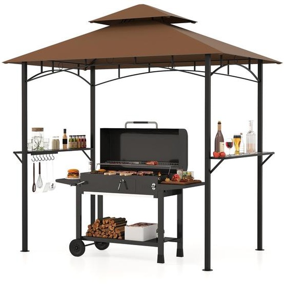 Pavillon barbecue COSTWAY résistant aux intempéries, abri barbecue avec double toit, étagères latérales et 7 crochets, abri barbecue pavillon avec structure métallique, 240 x 151 x 255 cm, marron