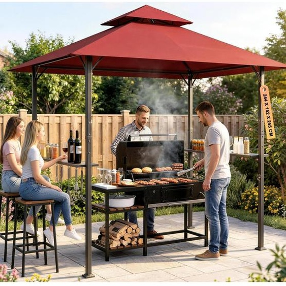 Pavillon de barbecue KD - 244 x 151 x 260 cm - Acier allié - Rouge vin