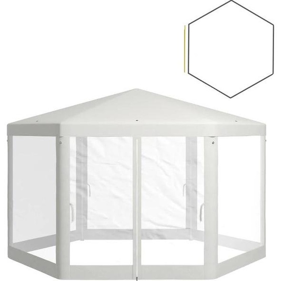 Pavillon hexagonal, construction en polyester et métal, 394 x 341,2 x 250, longueur des côtés 197 cm, hauteur du plafond 250 cm, hauteur de légout 200 cm