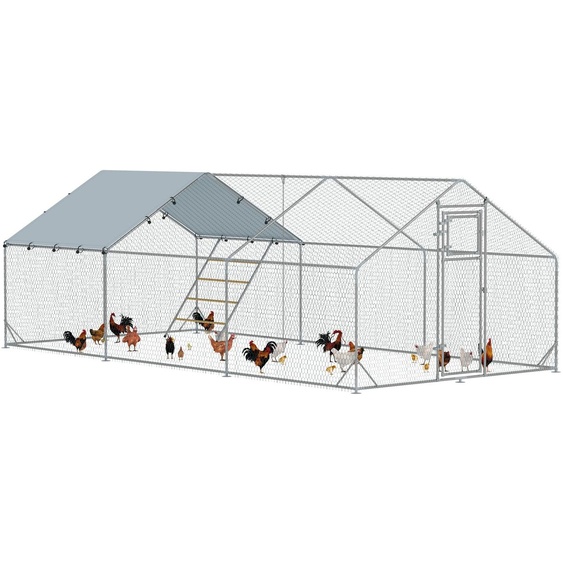 Pavillon pour poules PawHut en acier avec enclos extérieur, 3 x 6 x 1,95 m, pour 18 à 24 poules