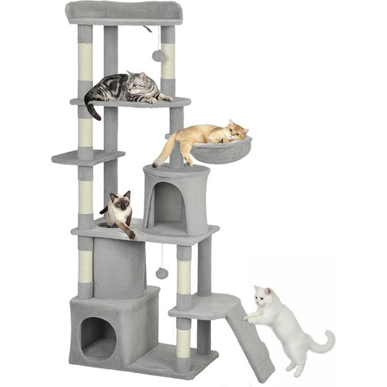 PawHut Arbre à chat 170 cm de hauteur, tour de jeux avec 7 poteaux à griffer, 3 platesformes, 2 niches, tunnel, hamac et 2 pompons, tissu peluche, multi-niveaux idéal pour 1-3 chats, gris foncé