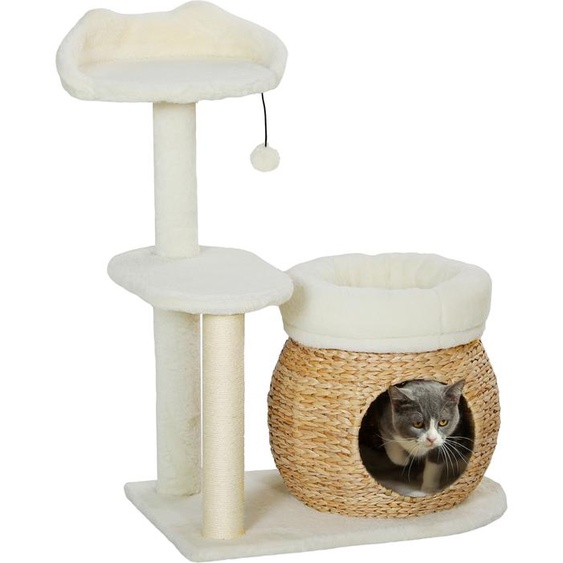 PawHut Arbre à chat 79 cm Arbre à chat avec niche pour chats, lit, balles de jeu, arbre à chat avec colonnes à griffer en sisal, pour chats jusquà 5 kg, blanc crème