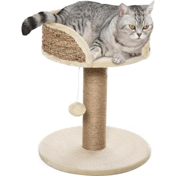 PawHut Arbre à chat arbre à grimper grattoir design jeu pompon suspendu + plateforme peluche - 40 x 40 x 49 cm - jute café