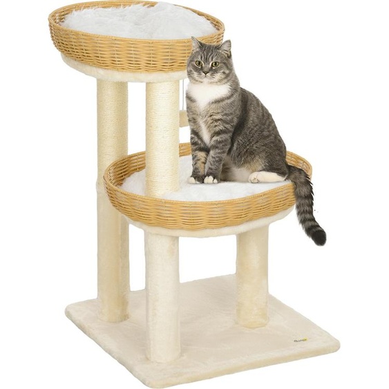 PawHut Arbre à chat, arbre à grimper, hauteur de 75,5 cm, avec deux lits pour chat en rotin, griffoirs, coussins lavables, balle de jouet, beige