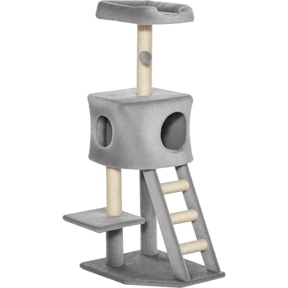PawHut Arbre à chat avec grotte pour chats Échelle Arbre à grimper pour chats Centre multi-activités à plusieurs niveaux E1 MDF Sisal Gris clair 60 x 48 x 122 cm