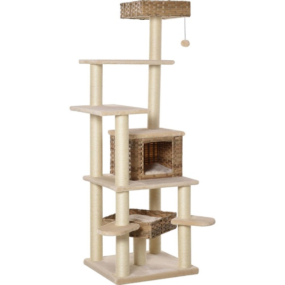 PawHut Arbre à chat en rotin avec grotte pour chats Arbre à chat à plusieurs niveaux Arbre à grimper pour chats E1 MDF Sisal Beige+Brun 55 x 55 x 174 cm