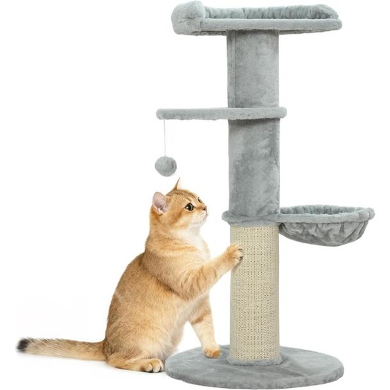PawHut Arbre à chat hauteur 103,5 cm, tonneau à gratter pour chats avec griffoir en sisal, hamac, plateforme, balle jouet, tissu peluche, multi-niveaux, gris clair