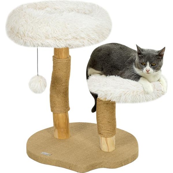 PawHut Arbre à chat hauteur 61,5 cm Arbre à chat avec balle de jeu, lits, tour pour chats avec planche à griffer, pour chats de moins de 5 kg, bois de poirier, blanc