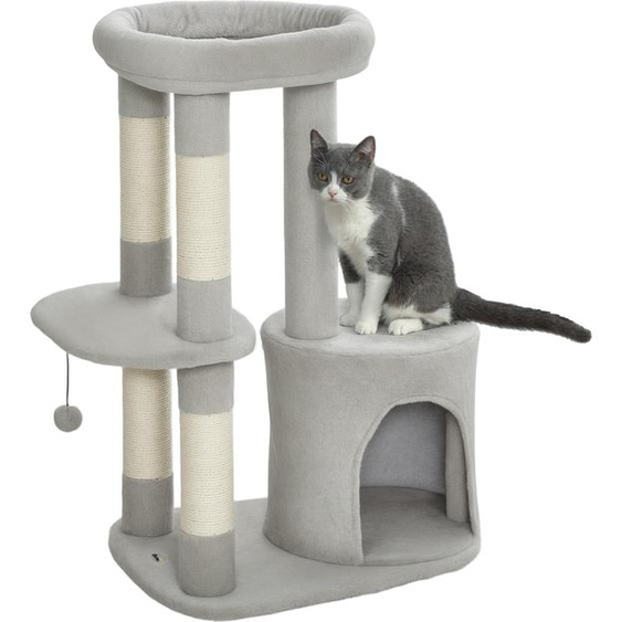 PawHut Arbre à chat hauteur 90 cm, tour de jeux pour chats avec griffoirs, plate-forme, niche, balle suspendue, tissu peluche, multi-niveaux idéal pour 1-2 chats, gris clair