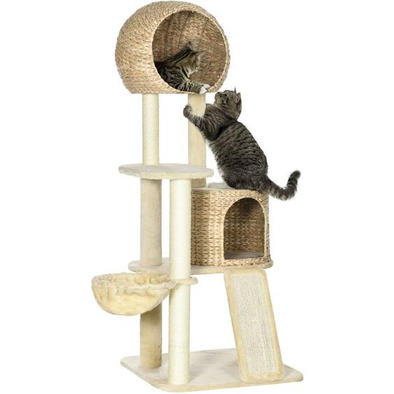 Arbre à chat style cosy chic griffoirs grattoir sisal 2 grandes niches plateforme hamac peluche courte beige jacinthe deau