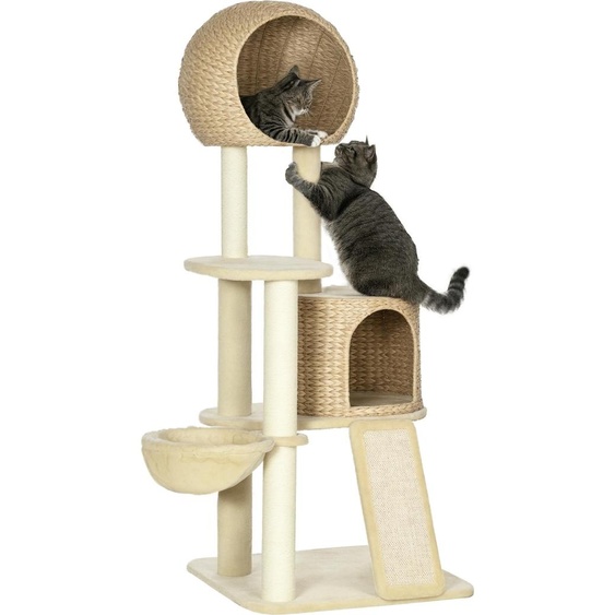 PawHut Arbre à chats style cosy chic griffoir sisal naturel 2 niches plateforme hamac peluche jacinthe deau - 60 x 60 x 150 cm beige