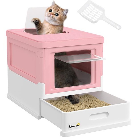 PawHut bac à litière avec couvercle maison de chat avec bac de fond et pelle boîte désodorisante plastique rose 47,5 x 35,5 x 36,7 cm
