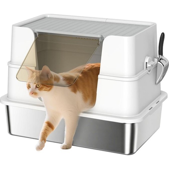PawHut Bac à litière en acier inoxydable avec couvercle XL Bac à litière avec pelle, pédale, facile à nettoyer, résistant aux odeurs pour grands chats jusquà 15 kg, 60,2 x 40,2 x 44,5 cm Gris clair