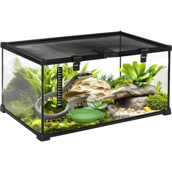 PawHut Boîte à reptiles boîte délevage de reptiles habitat de terrarium transparent couvercle coulissant treillis métallique distributeur deau thermomètre inclus verre métal 50x30x25 cm noir