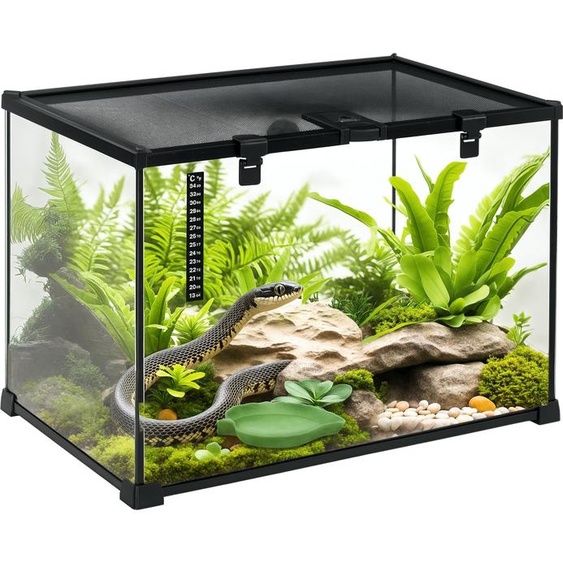 PawHut Boîte à reptiles boîte délevage de reptiles habitat de terrarium transparent couvercle coulissant treillis métallique distributeur deau thermomètre inclus verre métal 50x30x35 cm noir