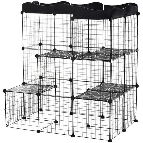 PawHut Cage parc enclos pour petits animaux chats lapins modulable 3 niveaux 2 portes rampe fil métallique 105 x 70 x 116 cm noir