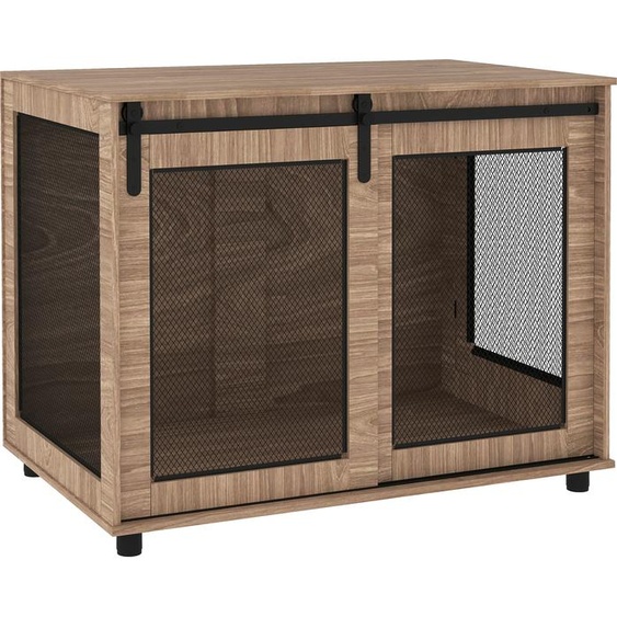 PawHut Cage pour chien Meuble, box pour chien avec 2 portes verrouillables, table dappoint pour la maison, niche pour grands chiens de moins de 30 kg, acier, 98 x 60 x 78 cm, noyer