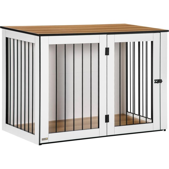 PawHut Cage pour chien Meuble, box pour chien avec porte et fenêtre, table dappoint pour la maison, niche pour grand chien de moins de 30 kg, acier, 106 x 60 x 76 cm, chêne+blanc