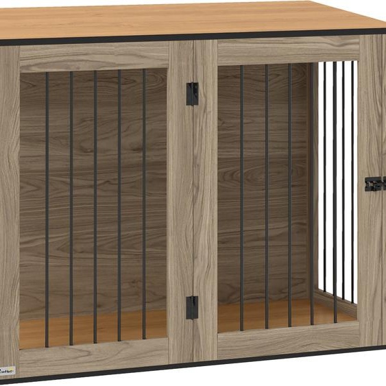 PawHut Cage pour chien Meuble, box pour chien avec porte et fenêtre, table dappoint pour la maison, niche pour grands chiens de moins de 30 kg, acier, 106 x 60 x 76 cm, chêne