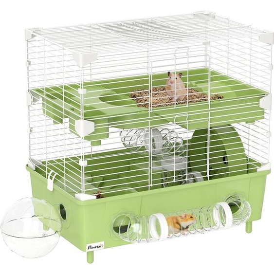 PawHut Cage pour hamster à 2 niveaux, habitat pour petits rongeurs avec roue de course, salle de bain en sable, système de tuyaux, pour hamster nain, 44,5 x 28 x 44 cm, vert