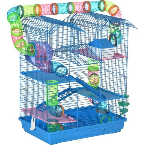 PawHut Cage pour Hamster Souris Petit Animaux Rongeur avec Tunnel Mangeoire Roue Jouet 47 x 30 x 59 cm Bleu