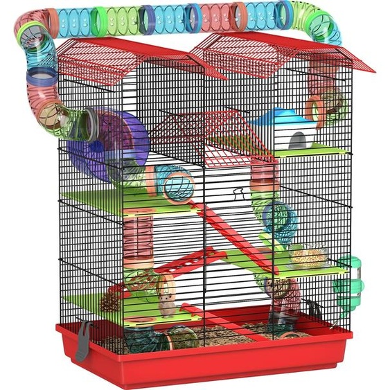 PawHut Cage pour Hamster Souris Petit Animaux Rongeur avec Tunnel Mangeoire Roue Jouet 47 x 30 x 59 cm Rouge