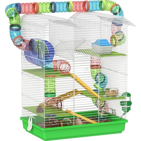 PawHut Cage pour Hamster Souris Petit Animaux Rongeur avec Tunnel Mangeoire Roue Jouet 47 x 30 x 59 cm Vert
