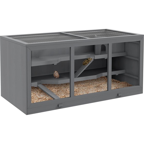 PawHut Cage pour hamsters nains Cage pour rongeurs Clapier en bois pour souris avec escaliers Cage pour petits animaux Villa pour rongeurs Trois étages Gris 115 x 57 x 55 cm