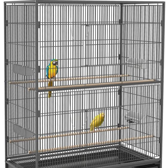 PawHut Cage pour oiseaux avec perchoirs, volière avec étagère, bac au sol, volière avec portes, roulettes, pour petits oiseaux, acier, gris, 94 x 57 x 153 cm