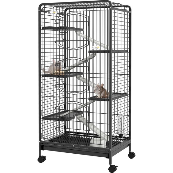 PawHut Cage pour rongeurs cage pour Petits Animaux Roulante 5 Rampes 5 Plates-formes Plat et Bouteille dEau Bac Inférieur Amovible pour lapin vison danimaux chinchilla Acier PP 61,5x44x131cm Noire