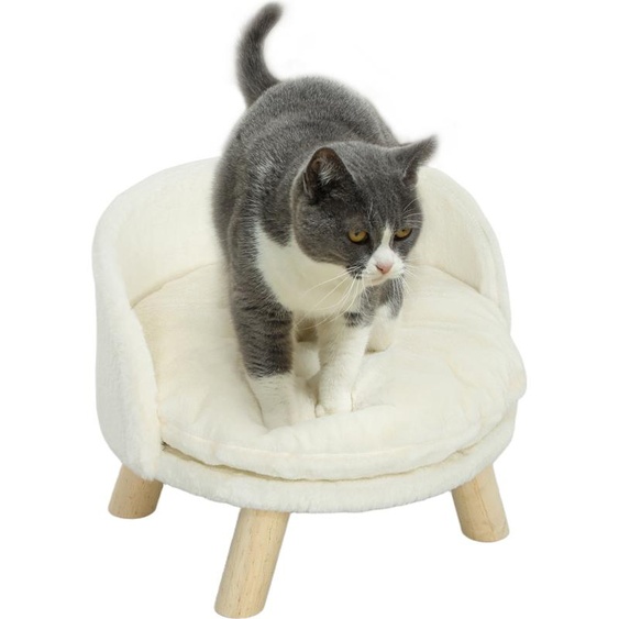 PawHut canapé pour chat, canapé pour animaux de compagnie avec coussin, lit pour chat, fauteuil pour chat tabouret pour chat lit surélevé pour animaux de compagnie avec pieds en bois antidérapants, canapé pour chien, intérieur, blanc crème, 40,5 x 40,5 x