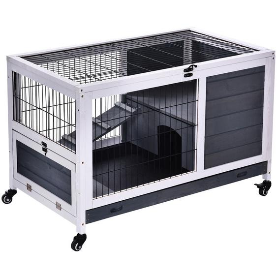 Clapier à lapin sur roulettes cage à lapin 2 étages porte verrouillable toit ouvrant plateau coulissant rampe bois de sapin gris blanc