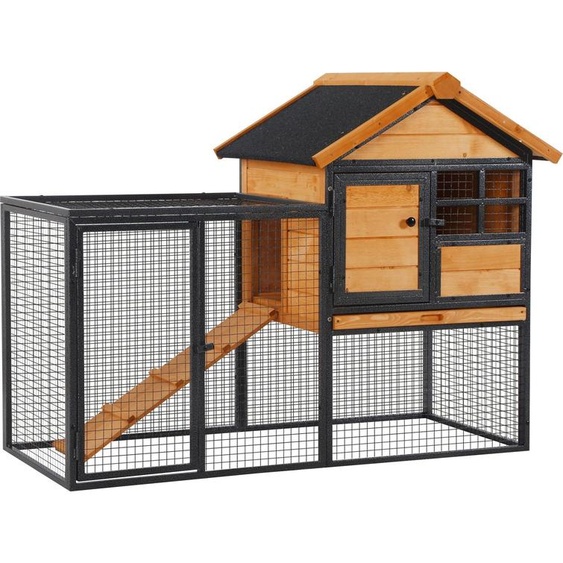 PawHut Clapier cage à lapins cottage - niche supérieure avec rampe et enclos extérieur - plateau excrément, fenêtre, 2 portes verrouillables - métal époxy sapin pré-huilé