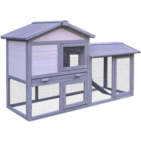 Clapier cage à lapins rongeurs 2 niveaux 3 portes verrouillables tiroir à déjection toit intégral bitumé 147L x 54l x 84H cm bois massif pin gris