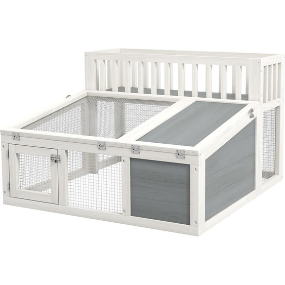 PawHut Clapier, cage  lapin en bois avec tagre pour plantes grand espace en bois, plusieurs portes - Dim. 94L x 90l x 60H cm - gris et blanc