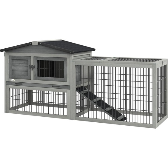PawHut Clapier de sol cage š€ lapin cottage niche supšŠrieure avec rampe enclos extšŠrieur plateau excršŠment fenšºtre porte verrouillable bois sapin dim. 150L x 52l x 68H cm gris