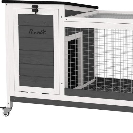 PawHut Clapier en bois pour lapins Clapier pour lapins avec enclos extérieur Roues Toit pliant Plateau extensible Grille métallique Résistant à lhiver Clapier pour cochons dInde Cage pour lapins pour intérieur, extérieur 92x52x67 cm Gris foncé