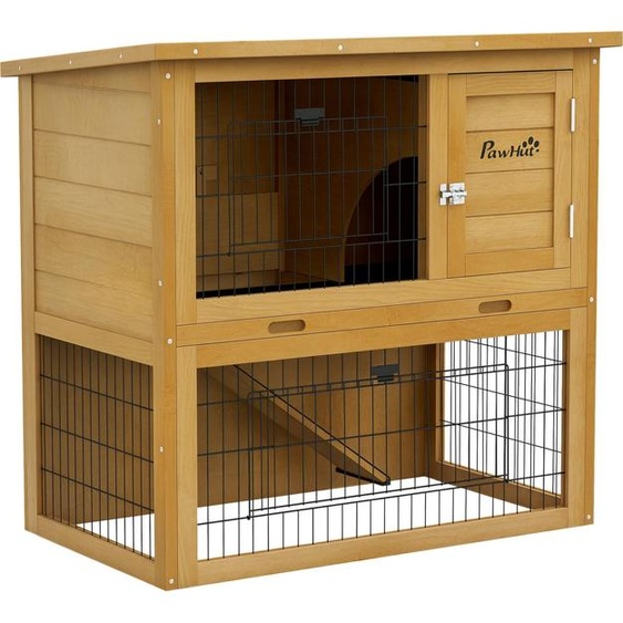 PawHut Clapier  lapin cage  lapin 2 tages avec 3 portes verrouillables plateau coulissant rampe et toit bitum bois massif, 85 x 50 x 80 cm, jaune