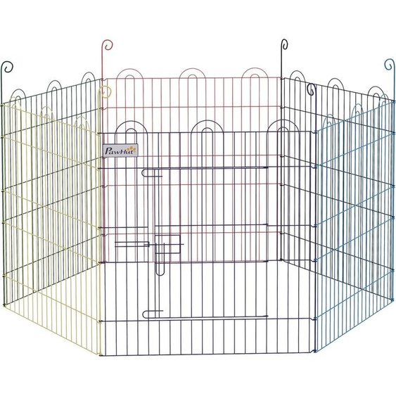 PawHut Enclos pliant en métal pour chiens lapins rongeurs petits animaux intérieur et extérieur 6 panneaux 58 x 60 cm avec porte Ø 120 x 60 cm multicolore