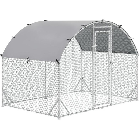 PawHut Grand enclos poulailler chenil volière extérieure 5,32 , parc grillagé 2,8 x 1,9 x 1,97 m, toit anti-UV, acier galvanisé, porte verouillable, argenté