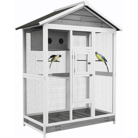 Pawhut Grande cage oiseau volière à oiseaux intérieur exterieur, 4 perchoirs bac à litière coulissant 2 portes pour canaris et perruches gris