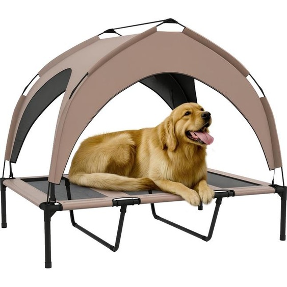 PawHut Lit chien surélevé, lit de camp pour chien, velum en taffetas, tissu textilène micro-perforé + sac de transport inclus, facile à assembler, 106 x 76 x 94 cm, café
