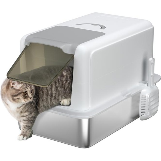 PawHut litière pour chats, bac à litière avec couvercle, bac en acier inoxydable, filtre à litière intégré, pelle à litière incluse, pour chats jusquà 6 kg, blanc