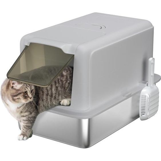 PawHut litière pour chats, bac à litière avec couvercle, bac en acier inoxydable, filtre à litière intégré, pelle à litière incluse, pour chats jusquà 6 kg, gris