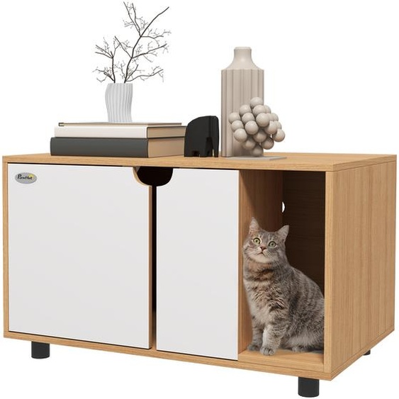 PawHut Maison de toilette pour chat, meuble cache litière pour chat, portes, style scandinave, table dappoint pour animal domestique, 2 trous daération, tapis de fuite de sable, naturel et blanc