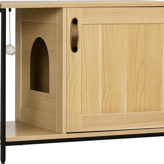 PawHut Maison de toilette pour chat meuble cache litière pour chat style industriel porte entrée latérale boule suspendue châssis acier aspect bois clair