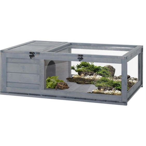 PawHut Maison enclos cage habitat pour petit animal tortues avec 2 espaces 91 x 60,5 x 32 cm bois massif gris