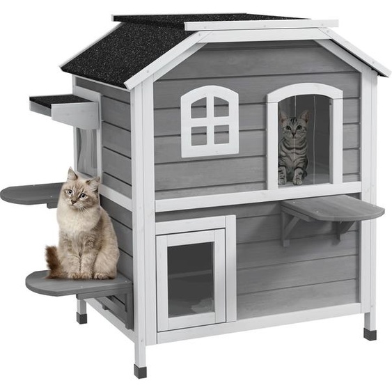 PawHut maison pour chats avec toit en asphalte, niche pour chats dextérieur avec escaliers, villa pour chats à 2 étages, imperméable, jardin, bois de sapin, gris, 99,5 x 76 x 91 cm